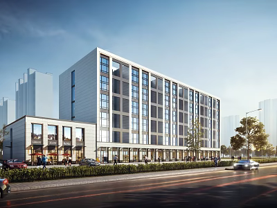 Modern Multi Storey Office Building With Glass Curtain Wall Along Street With Cars And Trees 3d model