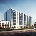 Modern Multi Storey Office Building With Glass Curtain Wall Along Street With Cars And Trees