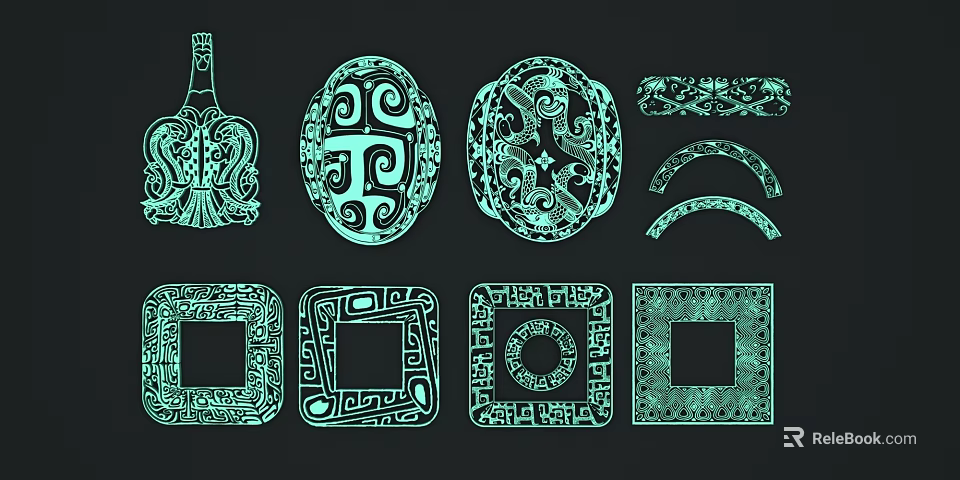 Intricate Carved Patterns with Various Shapes Like Oval Square and Bottle Designs Decorative Art Elements 3d model 