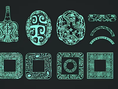 Intricate Carved Patterns with Various Shapes Like Oval Square and Bottle Designs Decorative Art Elements 3d model