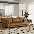 Modern Brown Leather Sofa Coffee Table Set with Checkered Rug and Decorative Items 3d model