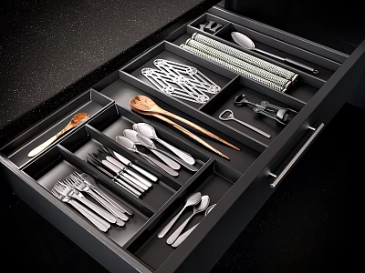 Organized Cutlery Set Arranged in Modern Kitchen Drawer with Forks Spoons Knives and Wooden Utensils 3d model