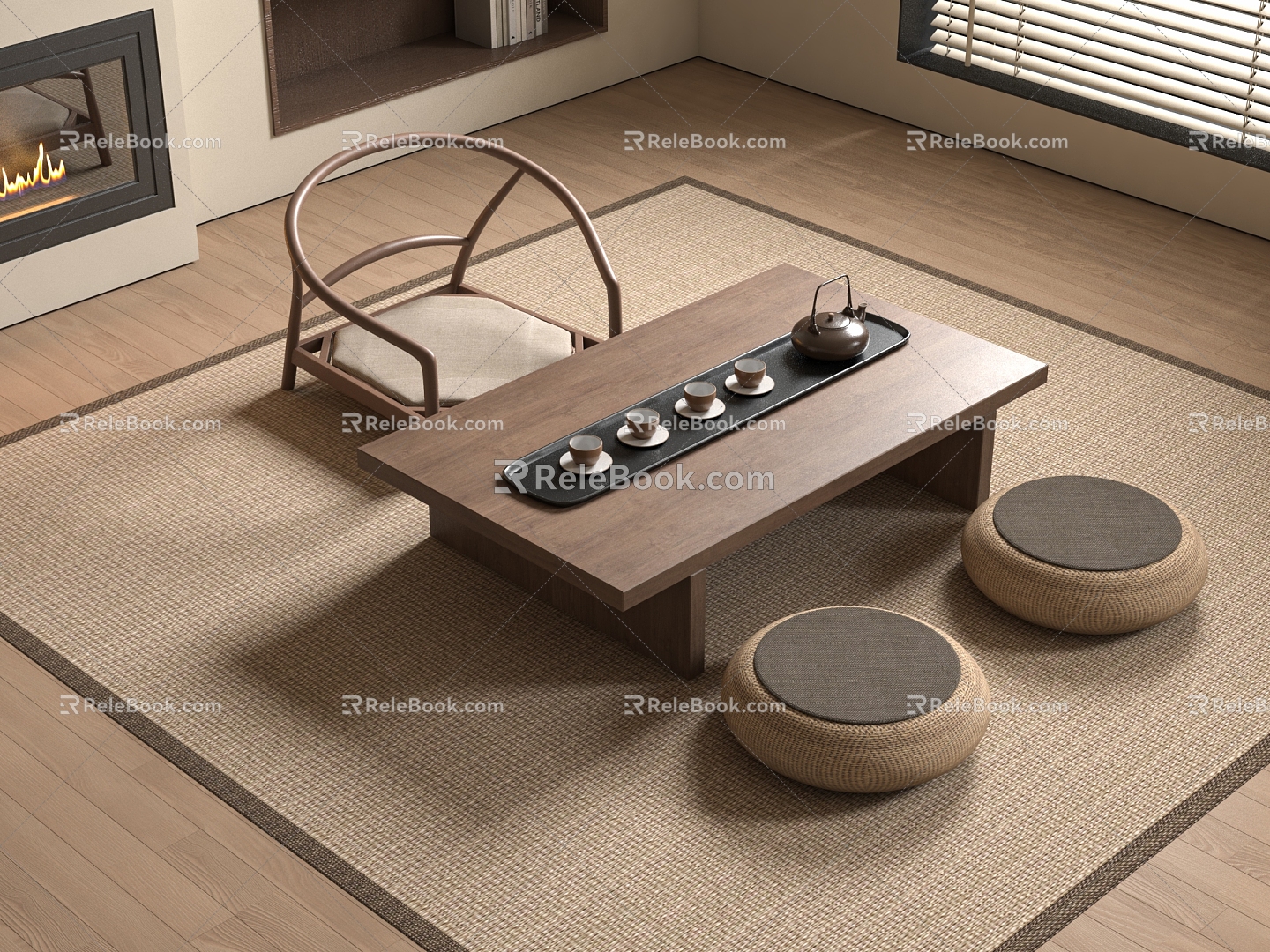 Japanese-style Tatami Tea Table Futon Rattan Seat Rattan Futon Tea Tray Tea Set 3d model