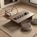 Natural Style Wooden Tea Table With Chair Floor Cushions And Tea Set On Rug