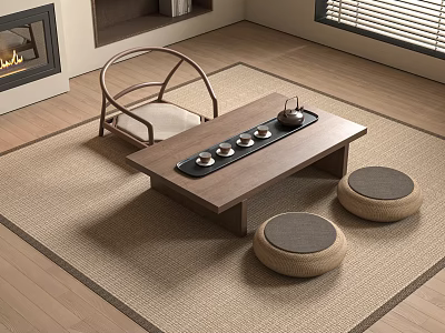 Natural Style Wooden Tea Table With Chair Floor Cushions And Tea Set On Rug 3d model