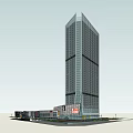 Modern High Rise Office Building With Glass Curtain Facade Surrounding Commercial Plaza And Green Spaces