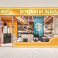 Elegant Modern Open concept Restaurant Interior Featuring Orange Blue Tones Marble Cabinets And Pendant Lights