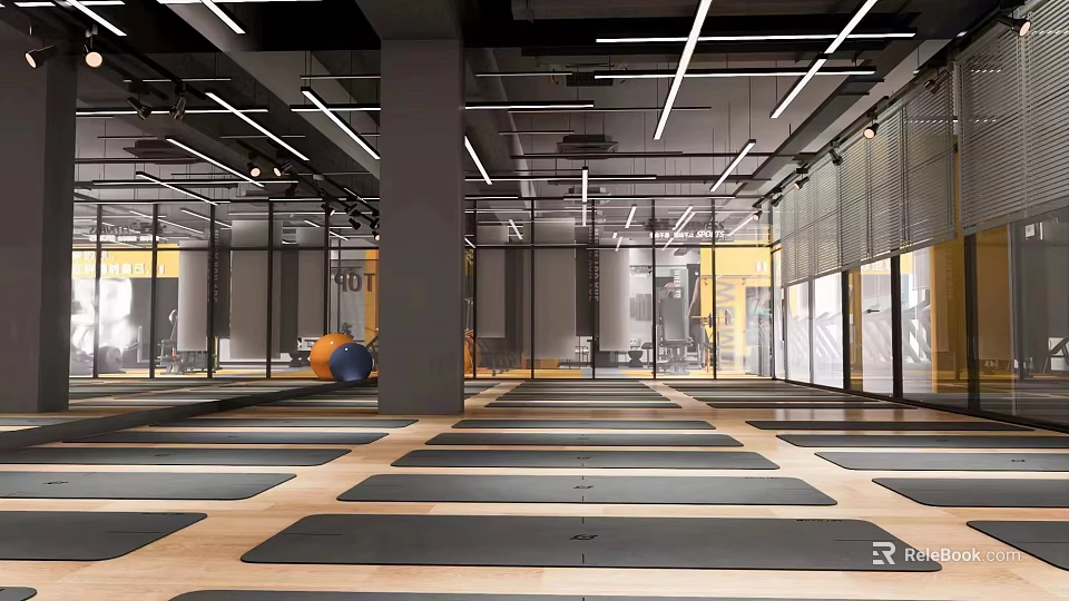 Spacious Modern Gym Interior With Multiple Yoga Mats And Open Layout Overhead Lighting 3d model