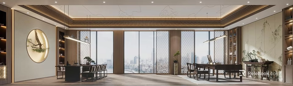 Modern Office Interior With Large Windows City View Wooden Lattice Screens Furniture And Potted Plant 3d model 