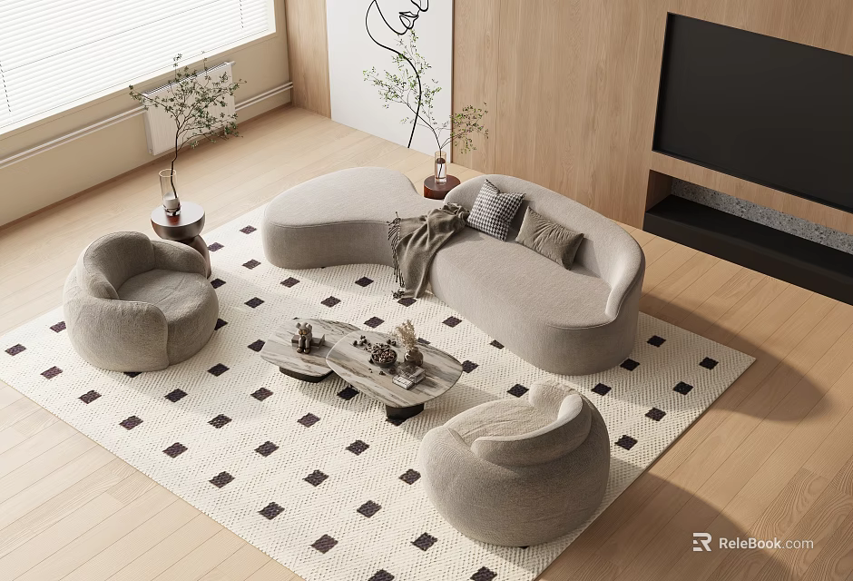 Modern Light Gray Curved Sofa And Coffee Table Combination With Round Armchairs And Diamond Rug 3d model 