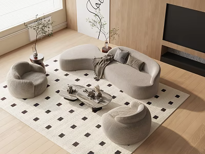 Modern Light Gray Curved Sofa And Coffee Table Combination With Round Armchairs And Diamond Rug 3d model
