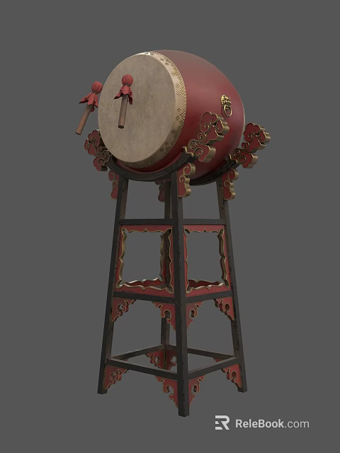Traditional Chinese Musical Drum with Red Gold Ornaments and Intricate Carved Stand 3d model 