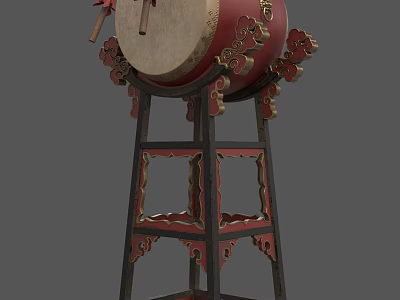 Traditional Chinese Musical Drum with Red Gold Ornaments and Intricate Carved Stand 3d model