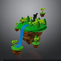 3D Fantasy Floating Island Scene With Green Grass Trees Blue Waterfall And Black Animal