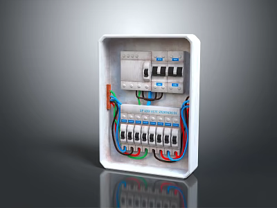 Electrical Mains Distribution Board Interior with Multiple Switches and Colored Wires 3d model