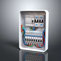 Electrical Mains Distribution Board Interior with Multiple Switches and Colored Wires