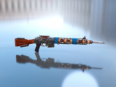Tactical Rifle With Wooden Stock Metal Barrel Blue Orange Accents Shiny Reflective Surface Design 3d model