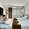 Modern Hotel Guest Room With Twin Beds Glass Shower Enclosure Large Window And Decorative Carpet
