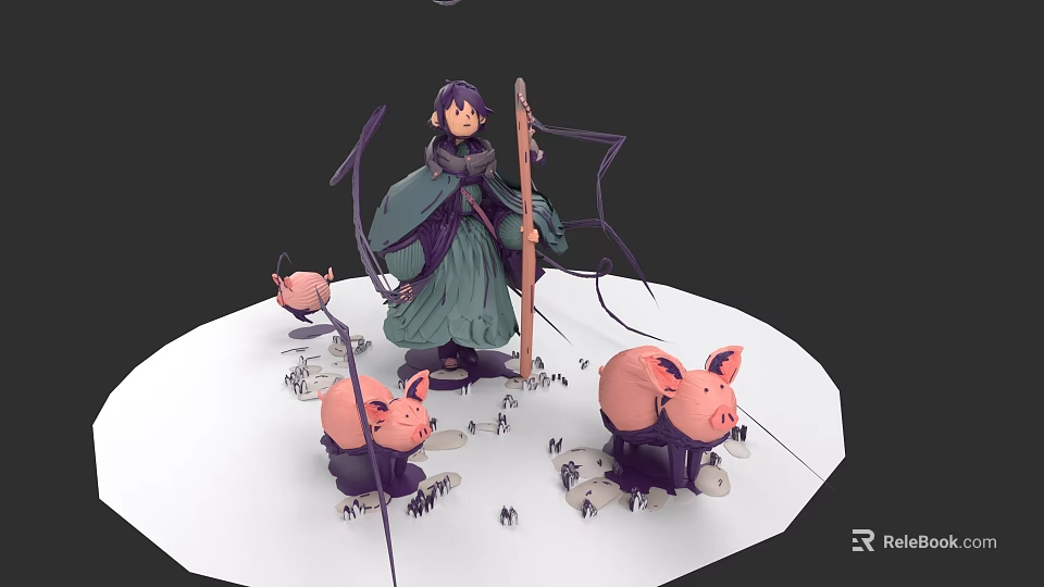 Character In Green Robe Standing With Pink Pigs And Twigs On White Ground 3d model 