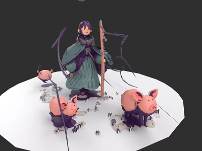 Character In Green Robe Standing With Pink Pigs And Twigs On White Ground 3d model