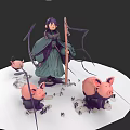 Character In Green Robe Standing With Pink Pigs And Twigs On White Ground