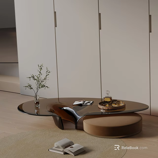 Modern Sofa And Coffee Table Set With Glass Top Ottoman And Decorative Plants Books 3d model 