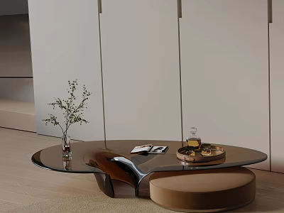 Modern Sofa And Coffee Table Set With Glass Top Ottoman And Decorative Plants Books 3d model