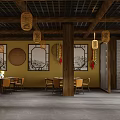 Traditional Chinese Restaurant Interior With Wooden Ceiling Bamboo Lanterns And Classic Furniture