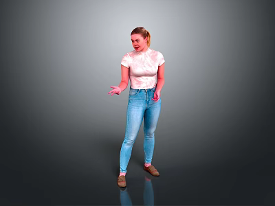 Woman Gesturing In Grey Background Wearing White Printed T Shirt And Blue Jeans 3d model