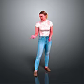 Woman Gesturing In Grey Background Wearing White Printed T Shirt And Blue Jeans