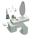 Light Green Dressing Table with Oval Mirror Potted Plant Notebook and Round Stool