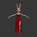 Rabbit Woman In Red Long Dress With Rabbit Ears And Red High Heels Standing