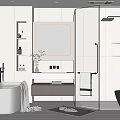 Modern Bathroom Interior With White Bathtub Backlit Mirror Glass Shower Partition Vanity And Blinds