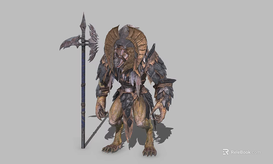 Mythical Armored Creature Warrior With Horned Helmet Winged Weapon And Reptilian Skin Texture 3d model 