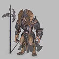 Mythical Armored Creature Warrior With Horned Helmet Winged Weapon And Reptilian Skin Texture