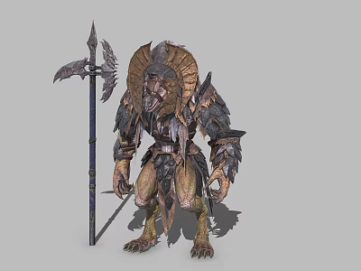 Mythical Armored Creature Warrior With Horned Helmet Winged Weapon And Reptilian Skin Texture 3d model