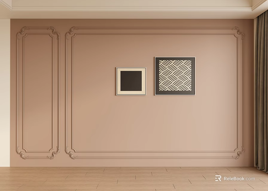 Light Brown Interior Wall with Decorative Moldings and Two Framed Artworks Featuring Geometric Pattern 3d model 