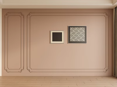 Light Brown Interior Wall with Decorative Moldings and Two Framed Artworks Featuring Geometric Pattern 3d model