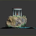 Cartoon Scene With Rocky Island Red Domed Pavilion Flame Green Plants And Blue Water