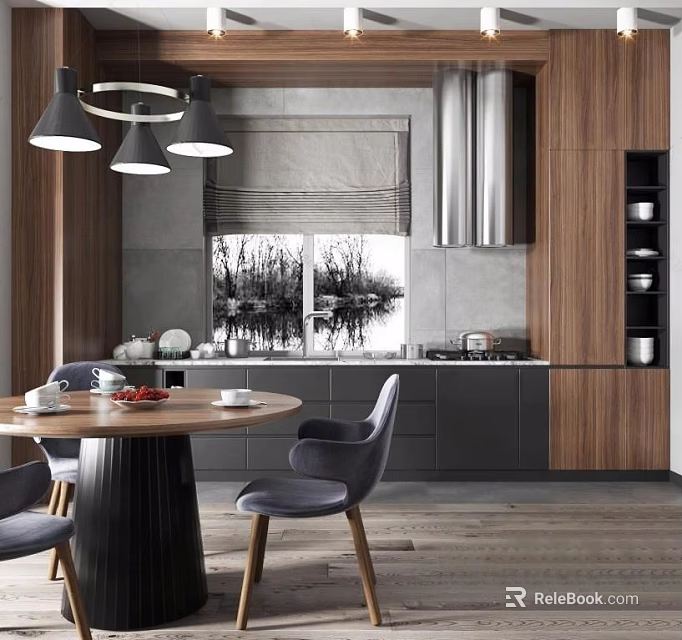 Modern Dining Table Set With Gray Chairs Pendant Lighting And Wooden Kitchen Cabinets 3d model 