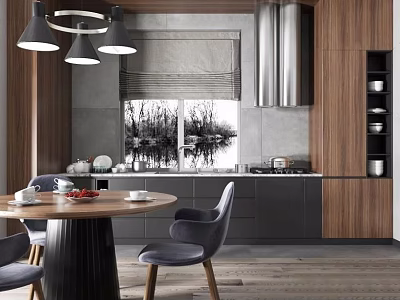 Modern Dining Table Set With Gray Chairs Pendant Lighting And Wooden Kitchen Cabinets 3d model