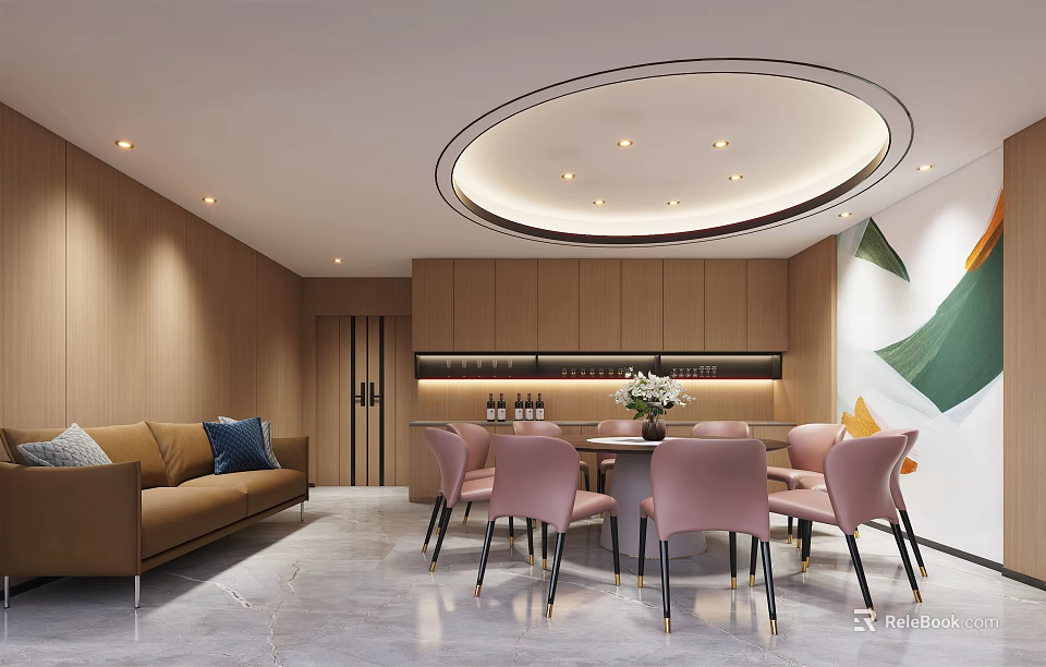 Modern Box Interior With Round Ceiling Light Sofa Dining Table And Pink Chairs 3d model