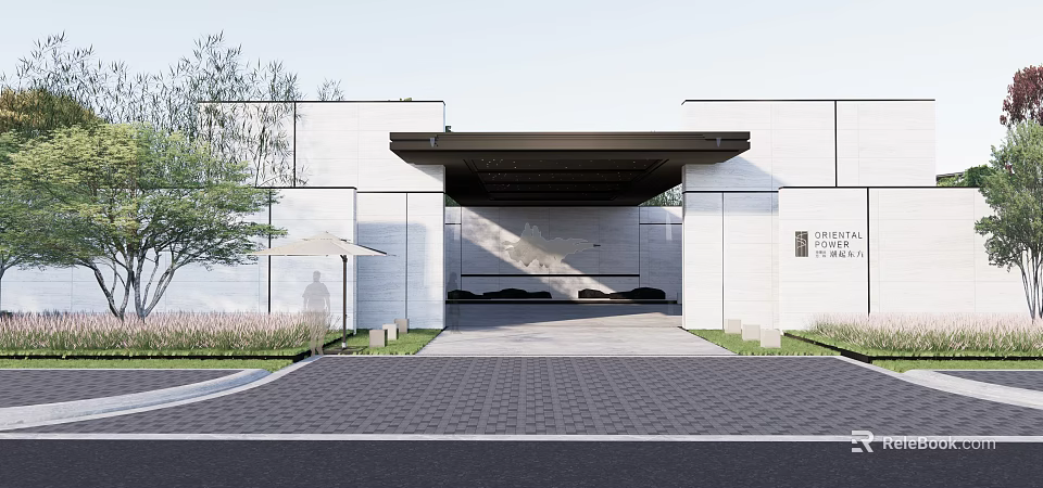 Modern Courtyard Garden Entrance Featuring Gray Walls Brick Pavement Green Plants and Sunshade 3d model 