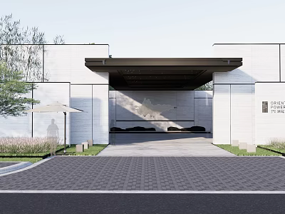 Modern Courtyard Garden Entrance Featuring Gray Walls Brick Pavement Green Plants and Sunshade 3d model