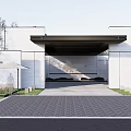 Modern Courtyard Garden Entrance Featuring Gray Walls Brick Pavement Green Plants and Sunshade