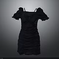 Elegant Navy Blue Dress With Ruched Design Puffed Sleeves And Front Tie Detail