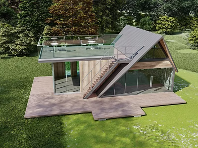 Contemporary Guesthouse Design With Sloped Roof Glass Walls Wooden Deck And Rooftop Terrace 3d model