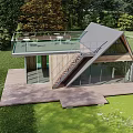 Contemporary Guesthouse Design With Sloped Roof Glass Walls Wooden Deck And Rooftop Terrace