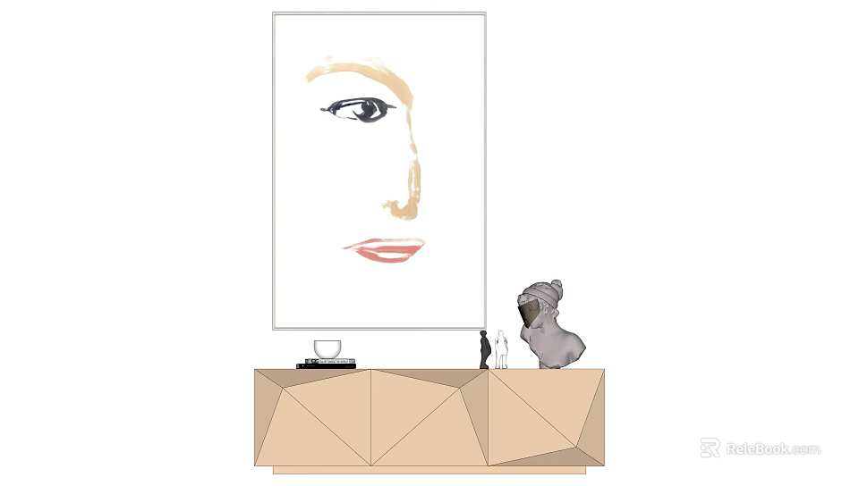 Interior Decor Scene With Face Artwork On Wall And Geometric Cabinet With Decorative Items 3d model 