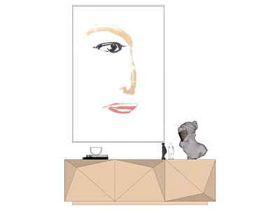 Interior Decor Scene With Face Artwork On Wall And Geometric Cabinet With Decorative Items 3d model